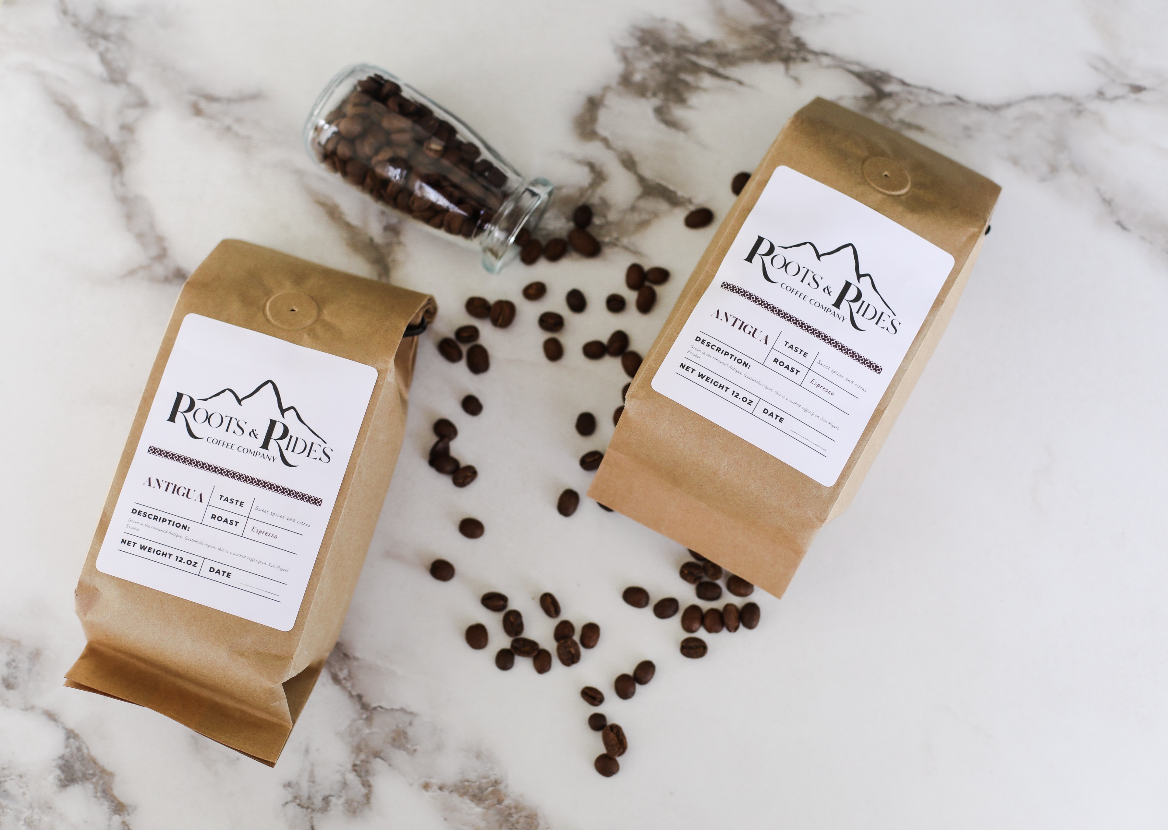 Coffee bags with coffee beans spilled